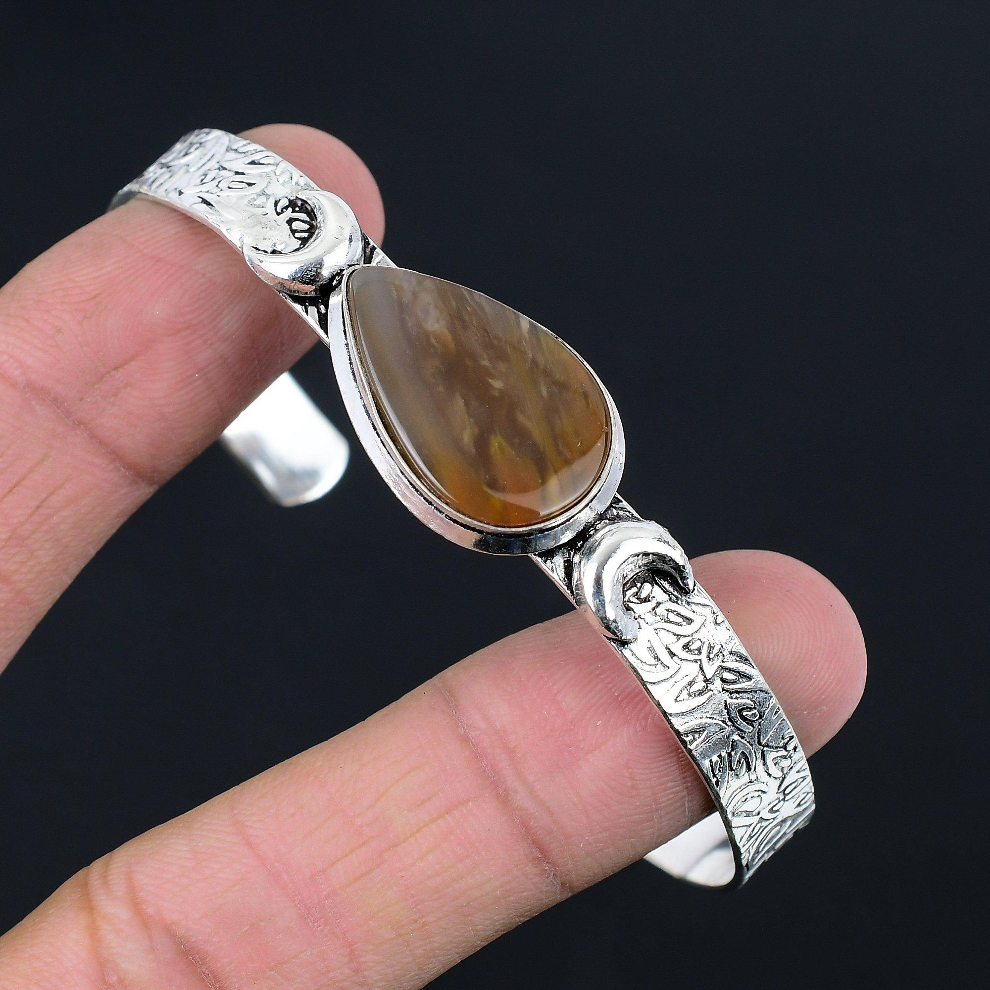 

Natural Plume Agate Bangle Crescent Moon Adjustable 925 Silver For Girls Adjustable