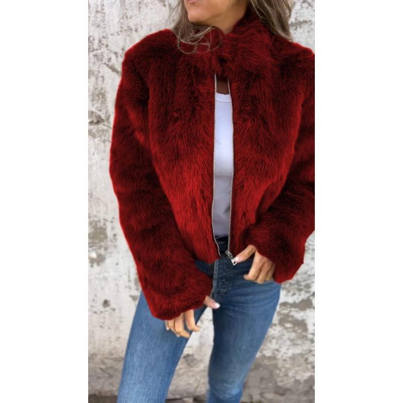 Women's Fall/Winter Imitation Fur High-Neck Zipper Casual Top Jacket