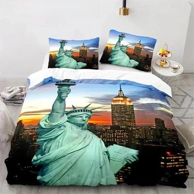 Copripiumino King Size in Microfibra Statua della Libertà Edificio Famoso in Tutto il Mondo Set Biancheria da Letto Landmark di New York Paesaggio Urbano Copripiumino