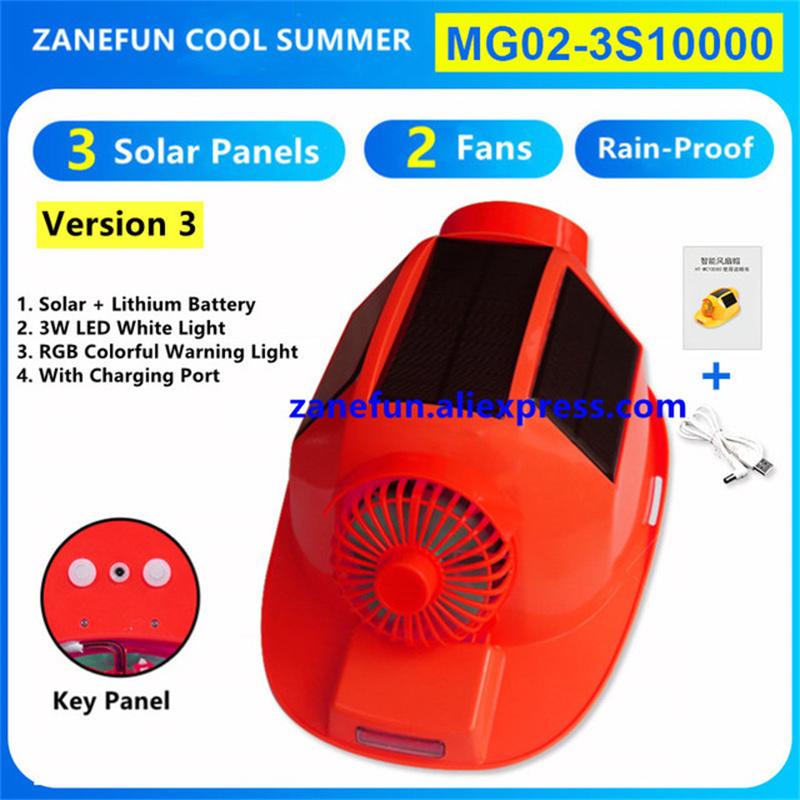 Helmet With 3 Solar Panels 2 Fans LED Light RGB Warning Rechargeable Lithium Battery Power Bank Outdoor Work Solar Fan ABS Cap