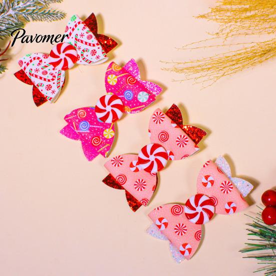 Charming Hair Clips for Photo Shoots Christmas Candies Bow Clip Women Girls, Sweet Glitter Hairpins, Artificial Leather Accessories Clip, Cute