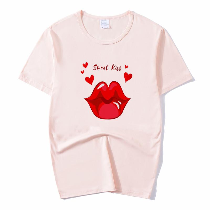 Summer Tops Red Mouth Lip Kiss Printed Women Fashion Tshirt Funny Leopard Graphic Tee