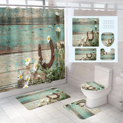 4Pcs Retro Wood Grain Flower Shower Curtain with 12 Hooks Non-Slip Bathroom Rug Bathroom Set with Toilet Lid Cover Pad and U-Shape Mat