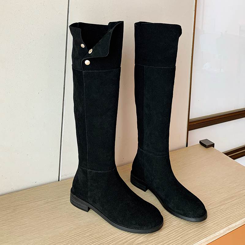 Krazing Pot 2024 krowa zamszowe jesienne buty zimowe okrągłe Toe rozmiar 40 niskie obcasy Slip on buty zachodnie nity damskie buty zakolanówki