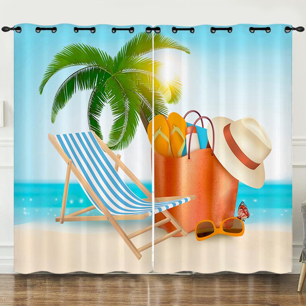 Curtains Summer Vitality Orange Beach Digital Printing Blackout Curtain Punching