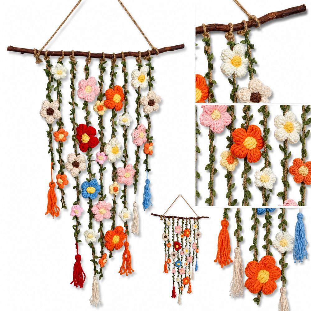 Wooden Branch Crochet Wall Hanging Yarn Floral Tapestry Macrame Wall Hanging  Living Room Decor