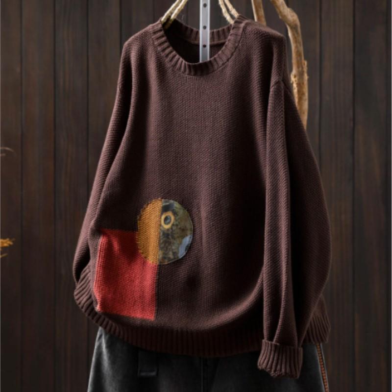 Johnature Dámské vintage patchworkové pulovry jednobarevné s kulatým výstřihem a dlouhým rukávem pletené oblečení podzimní svetry