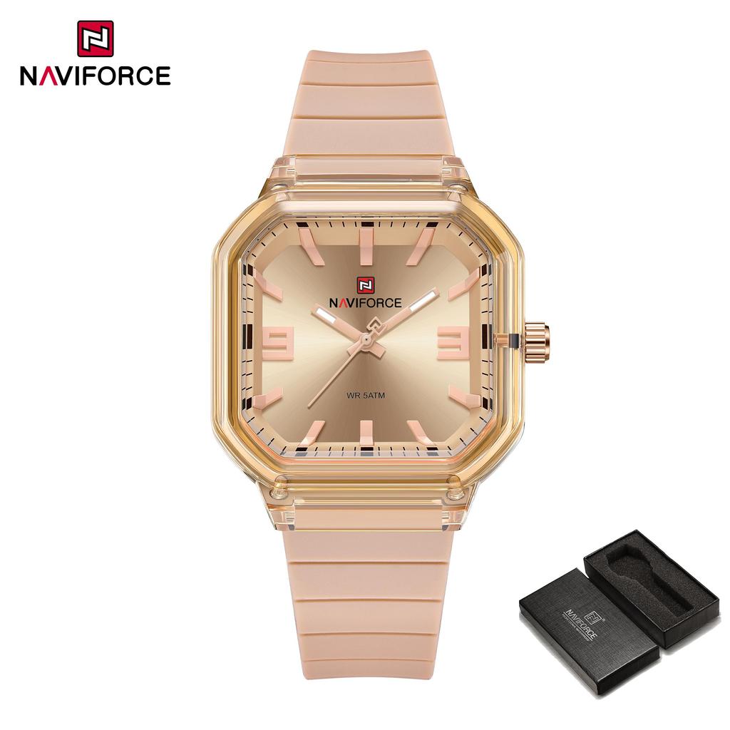 NAVIFORCE Original Women Square Watch Quartz Luminous Pointer Simple Lightweight Silicone Strap Waterproof Women Lady Casual Fashion Watch NF6108
