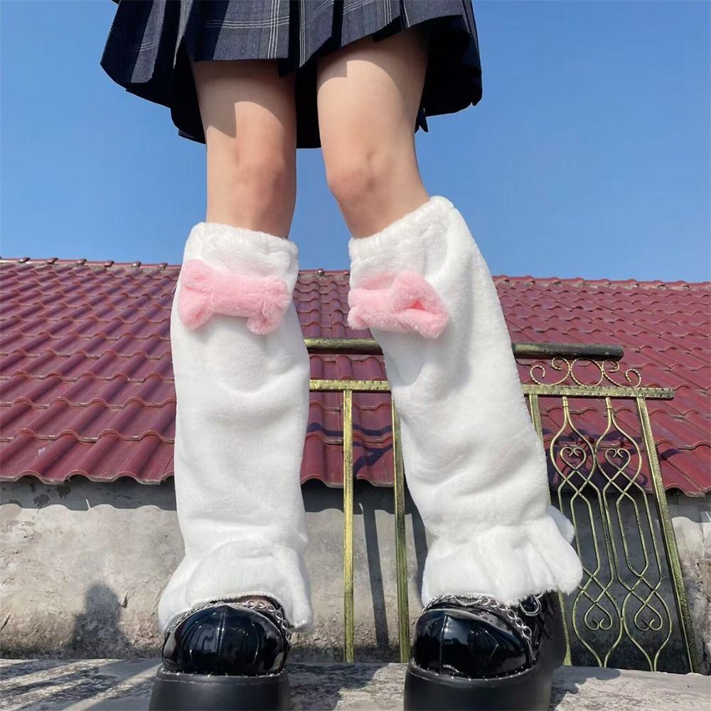 Plush Fur Leg Warmers Pink Bow Tie Leg Covers Kawaii Long Stockings  Japanese