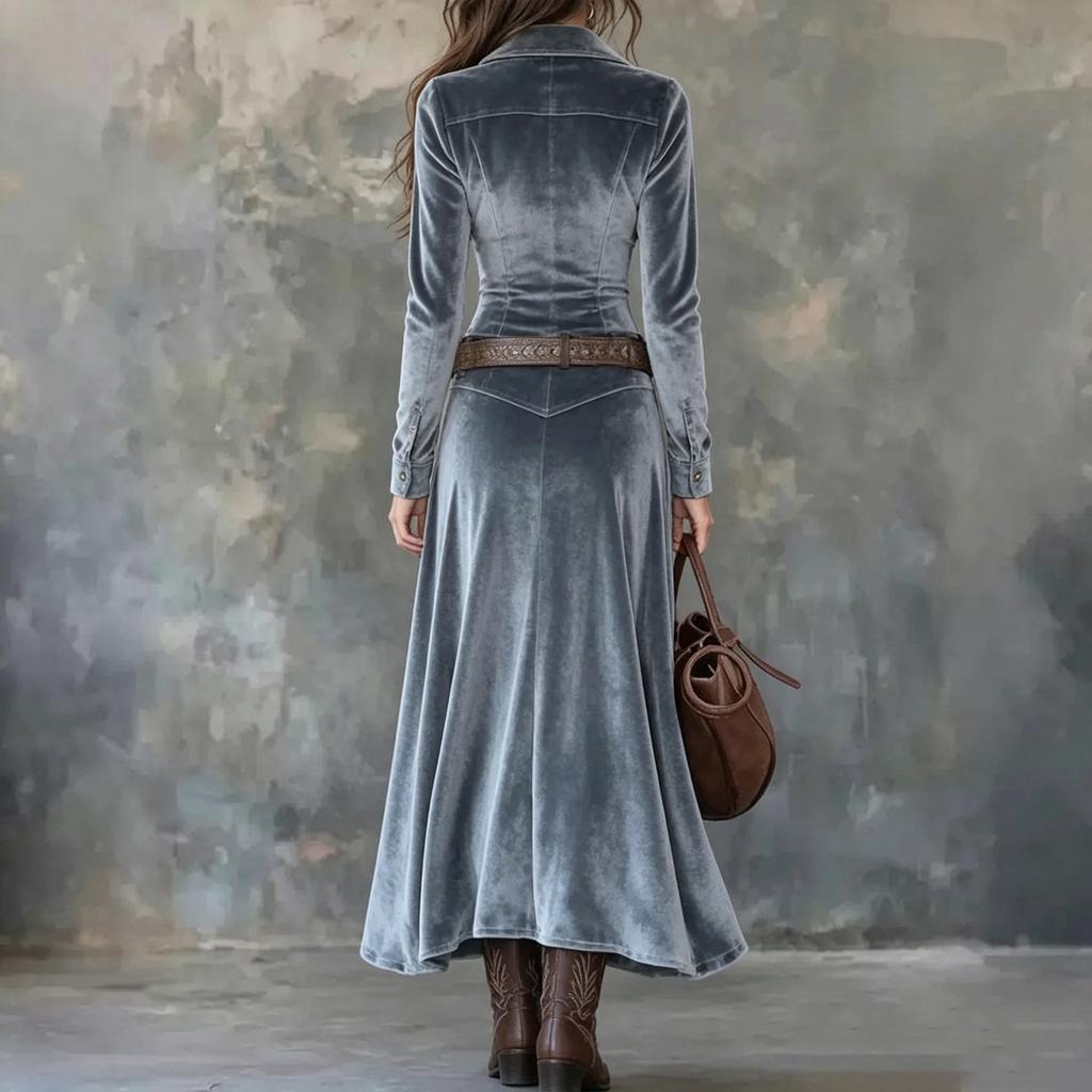 Women's Vintage Velvet Long Dress with Notched Lapel and Single-Breasted Waist-Cinching Design