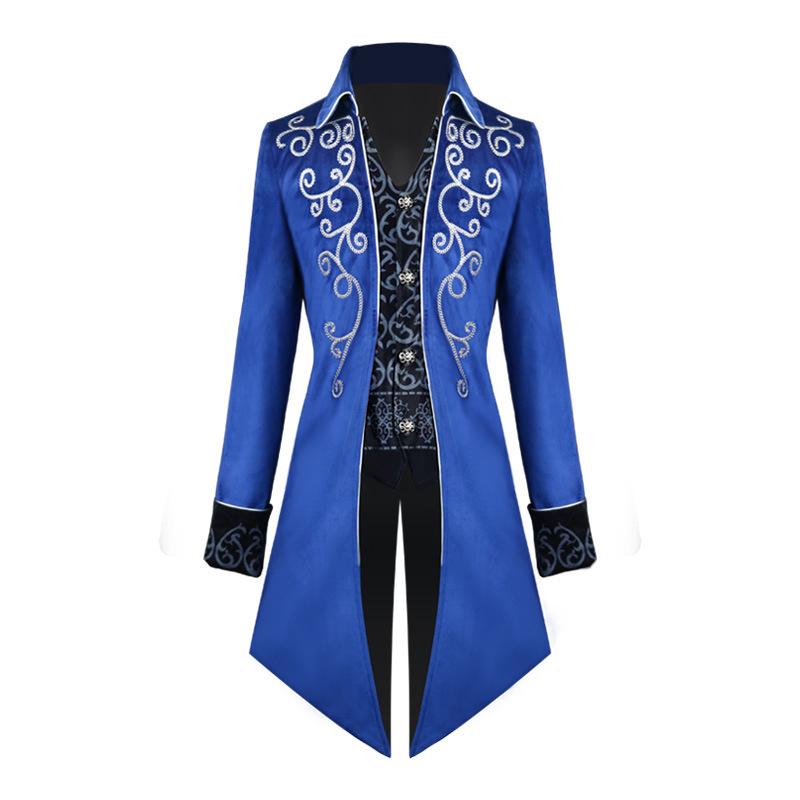 Men's Silver-Edged Medieval Tailcoat Costume, Retro Mid-Length Style