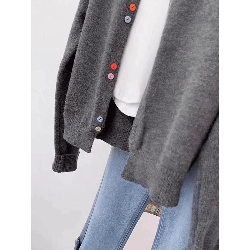 2026 Spring/Autumn Women's Grey College Style Pure Wool Cardigan with Colorful Buttons - Round Neck, Short Sweater Coat.