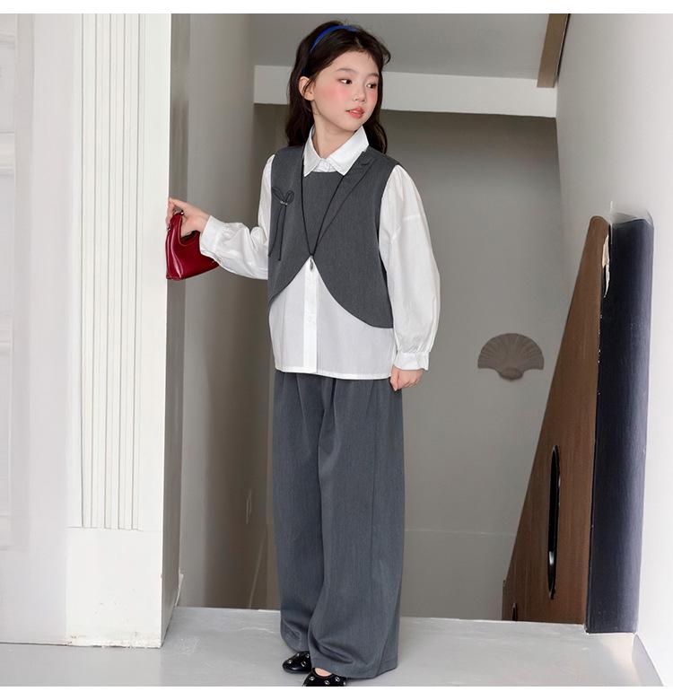 2026 Girls' Spring Academy Style Three-Piece Outfit: Bow Vest, Shirt & Suit