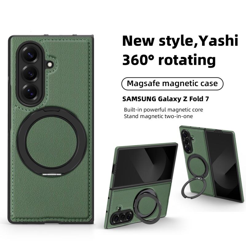 Für Samsung Galaxy Z Fold7 Fold6 Fold5 Fold4 Hülle Magsafe Magnetisch 360° Drehung Intelligenter Metallhalter Ständer Mattschwarze Lederhülle