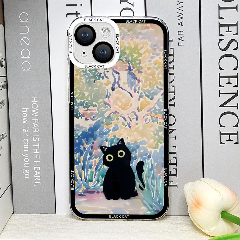 Retro Oil Painting Van-Gogh Flower Art Cat Phone Case for IPhone 16 15 11 13 12 Mini 14 Pro Max 7 8Plus SE X XS Soft Cover Shell