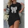 Women's casual polka dot print bow tie four-season dress
