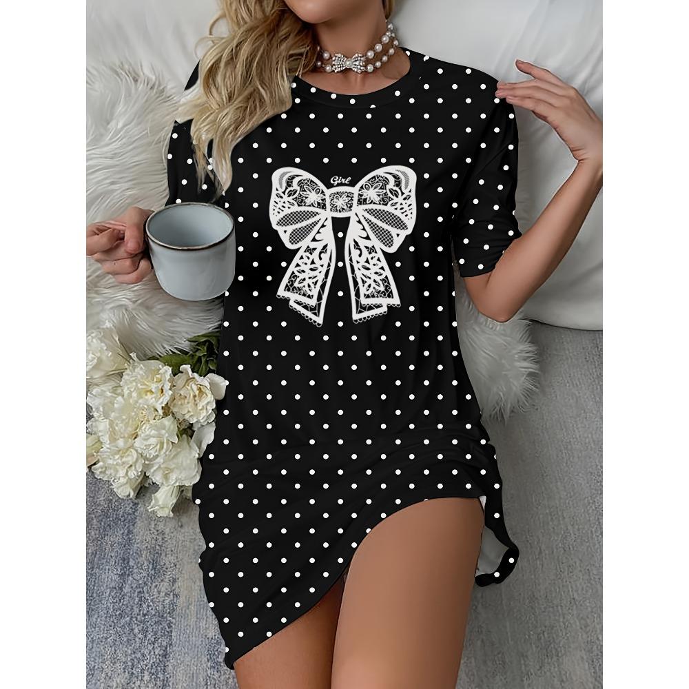 Women's casual polka dot print bow tie four-season dress