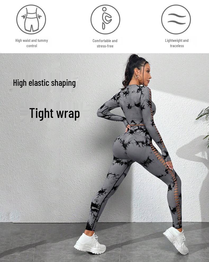 European American Tie-Dye Butt-Lift Yoga Set: Long Sleeve, Seamless Fitness Clothing with Hollow Out Design