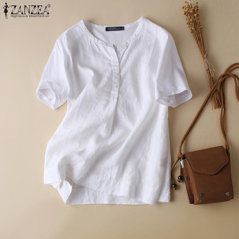 

ZANZEA Женщины Повседневная пуговица O-образный вырез с коротким рукавом Футболка Блузка Хлопчатобумажные топы #2