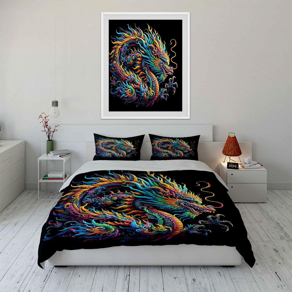 Colorful Dragon Artwork Decor Set Soft Comfortable Duvet Cover Bedding Set Included 1*Duvet Cover & 2*Pillowcases, Gift
