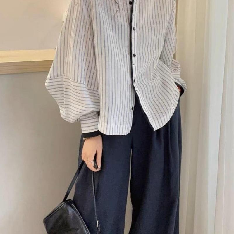 Women Striped Blouse Round Neck Button Front Lantern Sleeve Casual Loose Fit Shirt