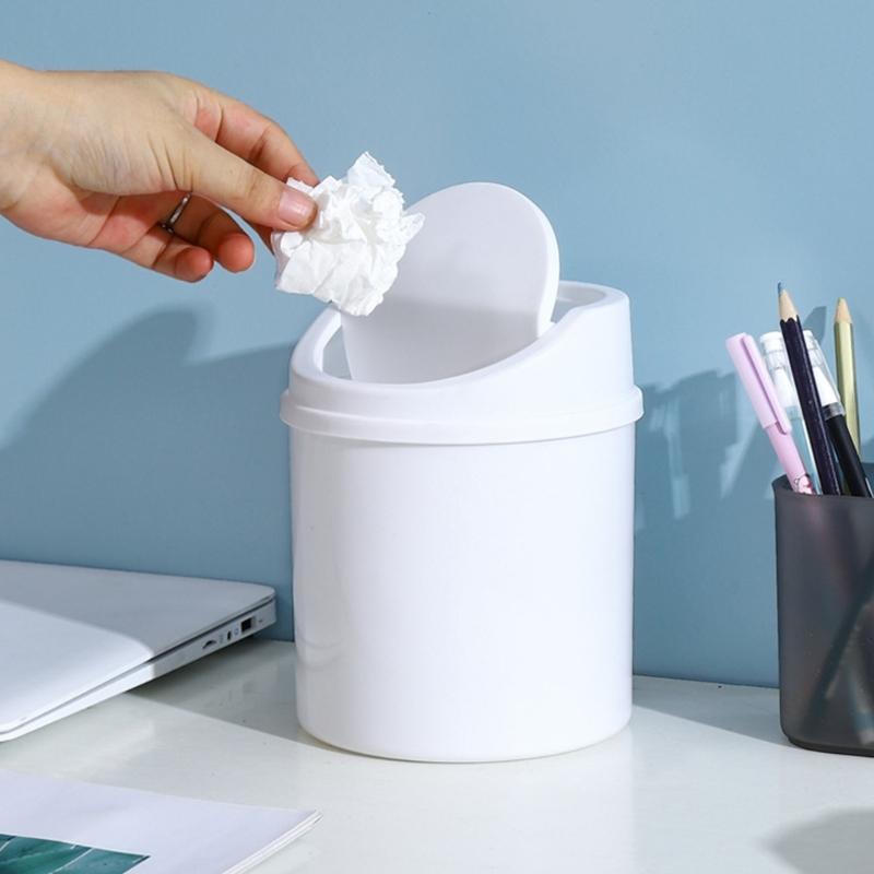 Small Swing Lid Waste Paper Basket For Countertops Plastic Nonslip Bottom Trash Can Home Office Desktop Garbage Bin