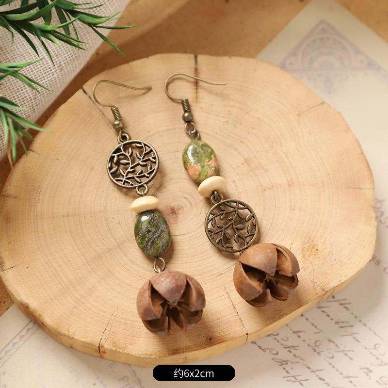 Retro niche literary earrings, natural plant fruits, wooden dried fruits, long fringed women's earrings