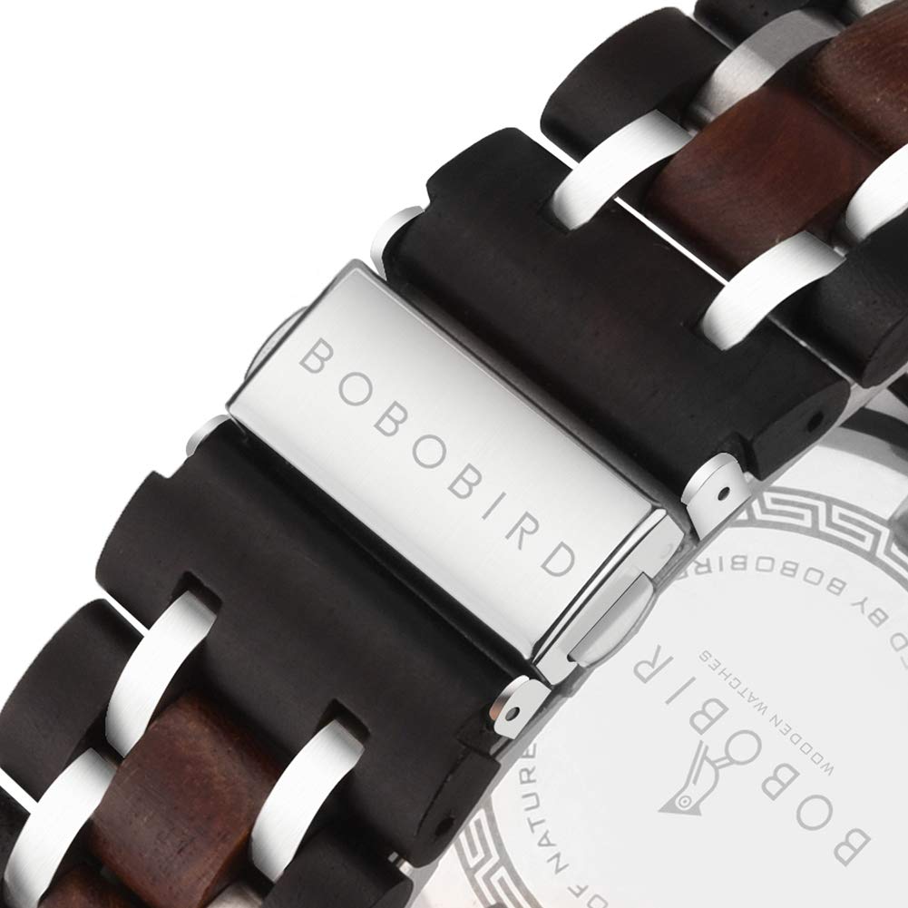 BOBO BIRD Wooden Stylish Wooden Stainless Steel Chronograph with Luminous Fashion Watch for 44 S18-1 Men's Watch, Pointers, Men, Black, mm,