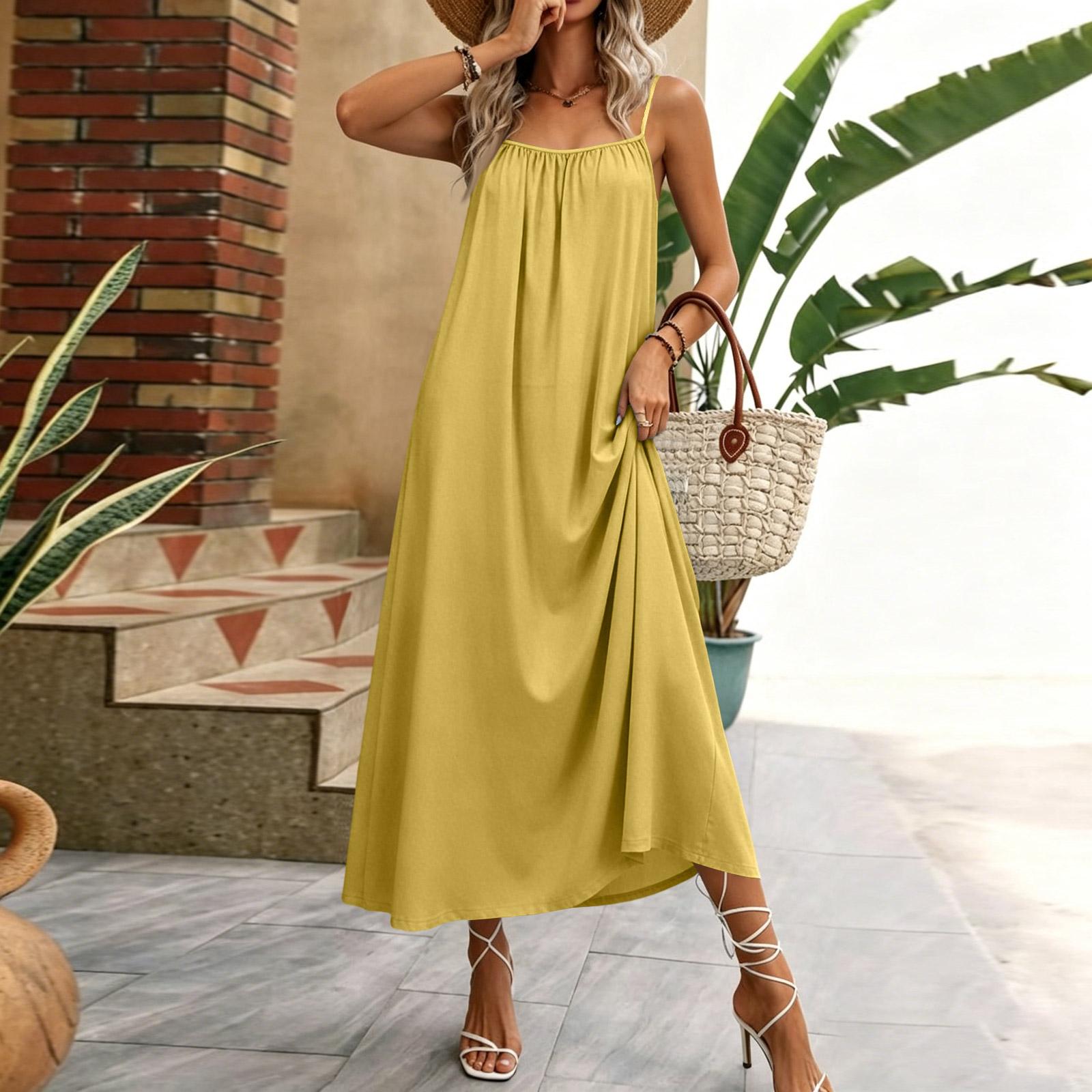 

Women Sleeveless Maxi Dress Summer Casual Long Dress Lightweight Loose Fit Lounge Dress with Adjustable Straps for Vacation and Home Wear XXL жёлтый