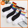 Socken Damen Mittelrohr Herbst Ins Trendy Dünne Gestreifte Regenbogensocken Japanisch Niedlich Bonbonfarbe Hoher Schaft Strumpf