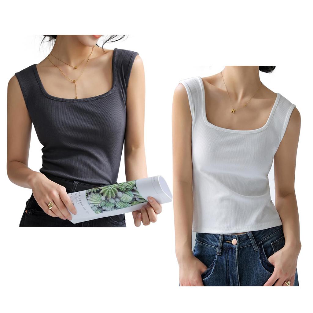 KISBINI Ribbed Tank Undershirt with Underarm Basic Summer Sleeveless Dark Gray and Size L Women's Top, Coverage, Square/V-Neck, Underwear, Wear,