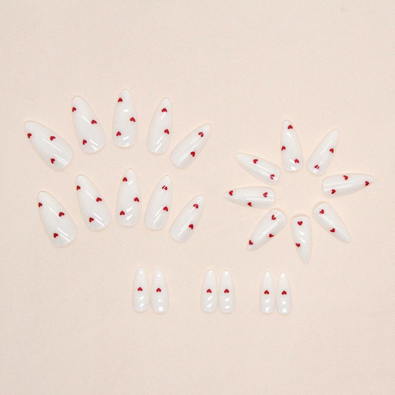24 Pieces Yogurt White with Burgundy Love Debris Manicure Valentine's Day Niche Girl Wearing Nail Red Love Fake Nails