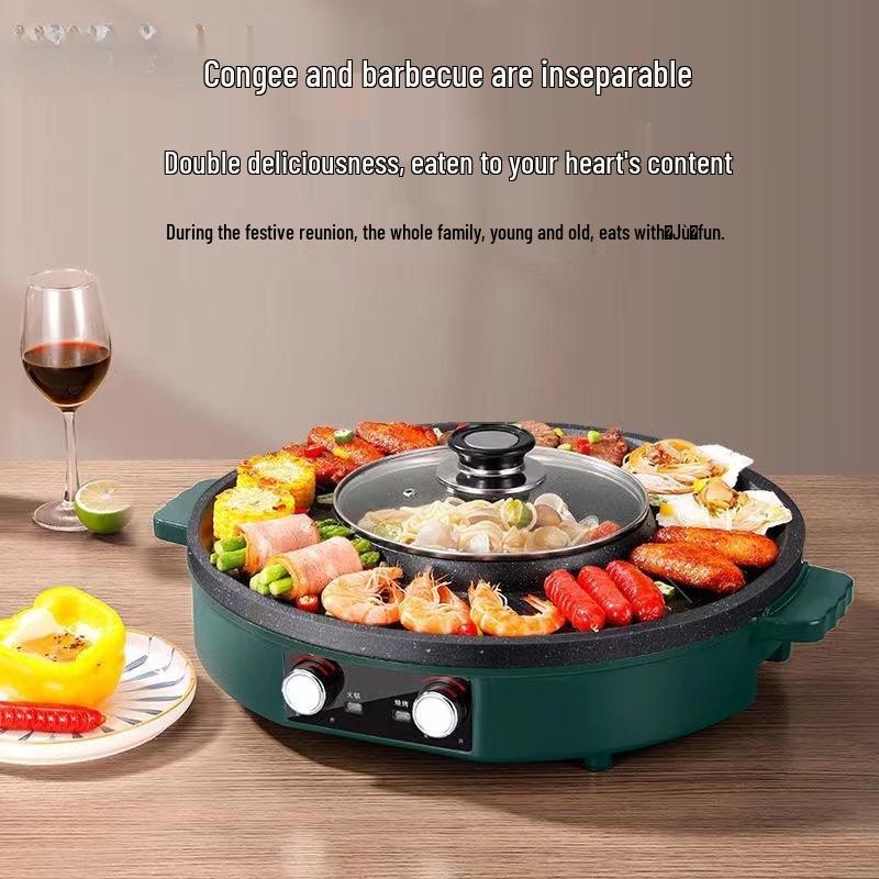 Große Grill- und Hot-Pot-Kombination mit Doppelsteuerung, Antihaft-BBQ-Pfanne, Koreanischer Stil, Geringe Rauchentwicklung