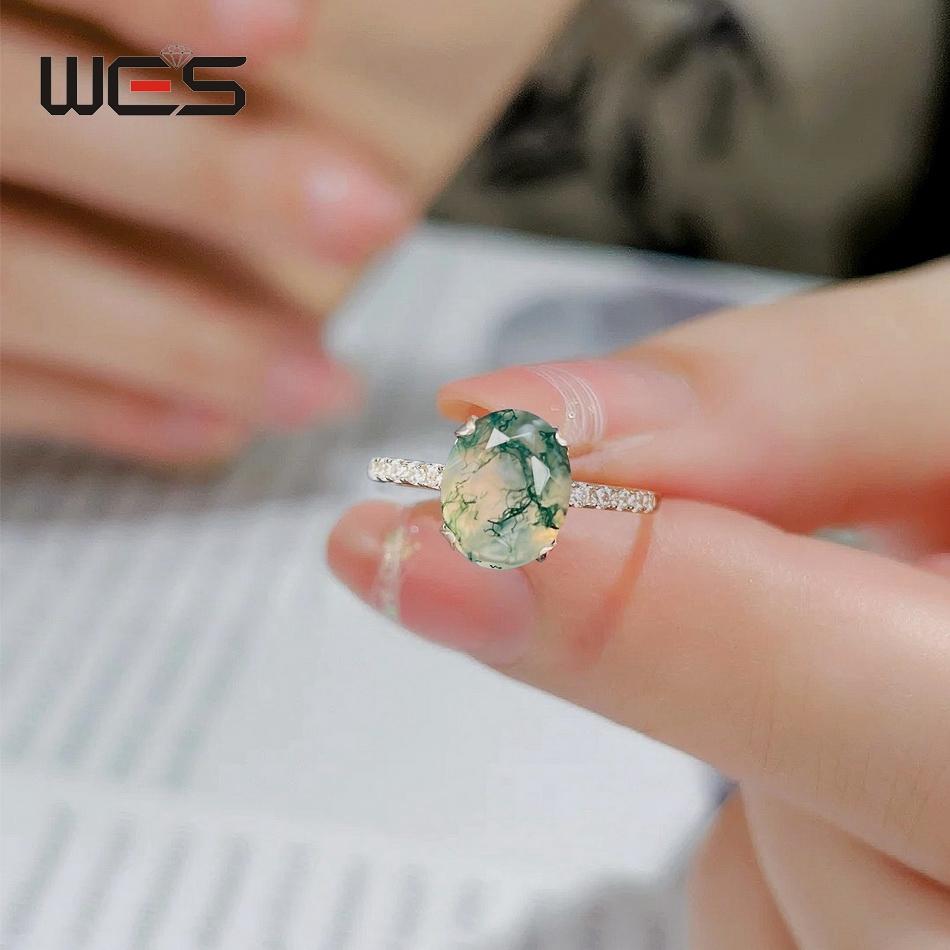 WES   CopperNatural Moss Agate Ring For Women Oval Cut Sea Grass Agate Flower Rings Wedding Party Jewelry Gift