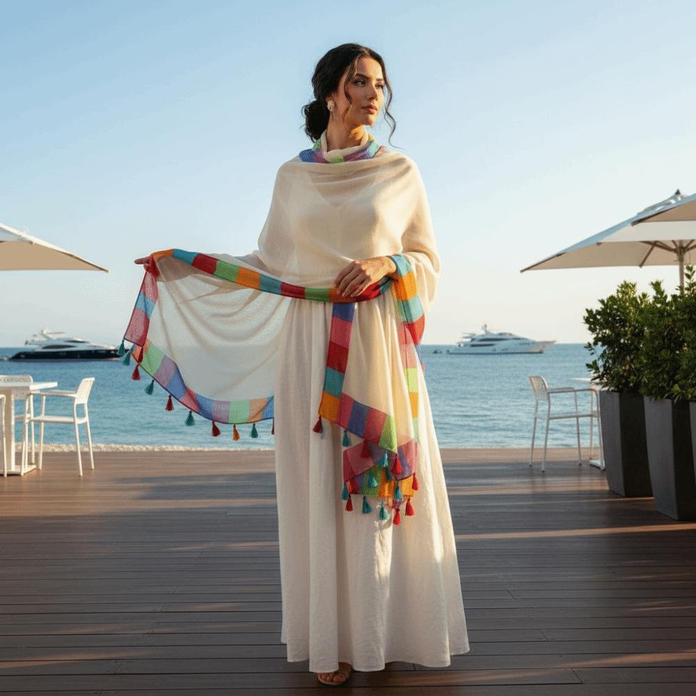 Rainbow-Border Summer Shawl Tasseled Beach Wrap Neck Wrap Sunscreen Sarong  Fashionistas