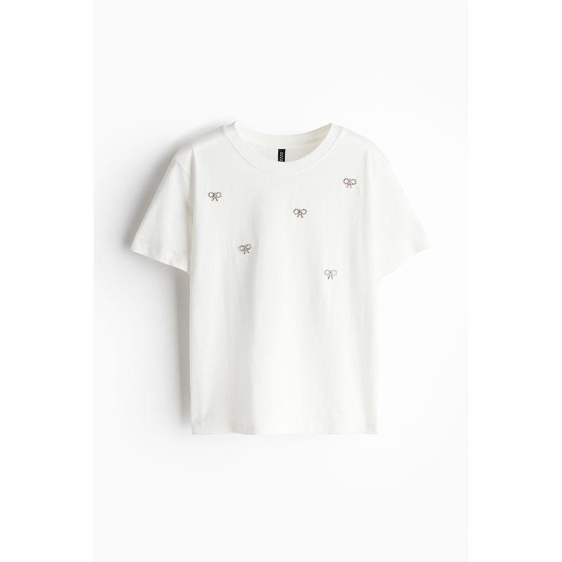 

HM Women s T-shirt Autumn Soft Simple and Comfortable Print Embellished round Neck Short Sleeve Tops 1257979