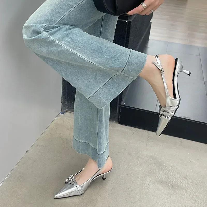 Chic French Pointed Toe Patent Leather Womens Sandals Cover Head Ankle Buckle Back Strap Thin Mid Heels Mules Shoes