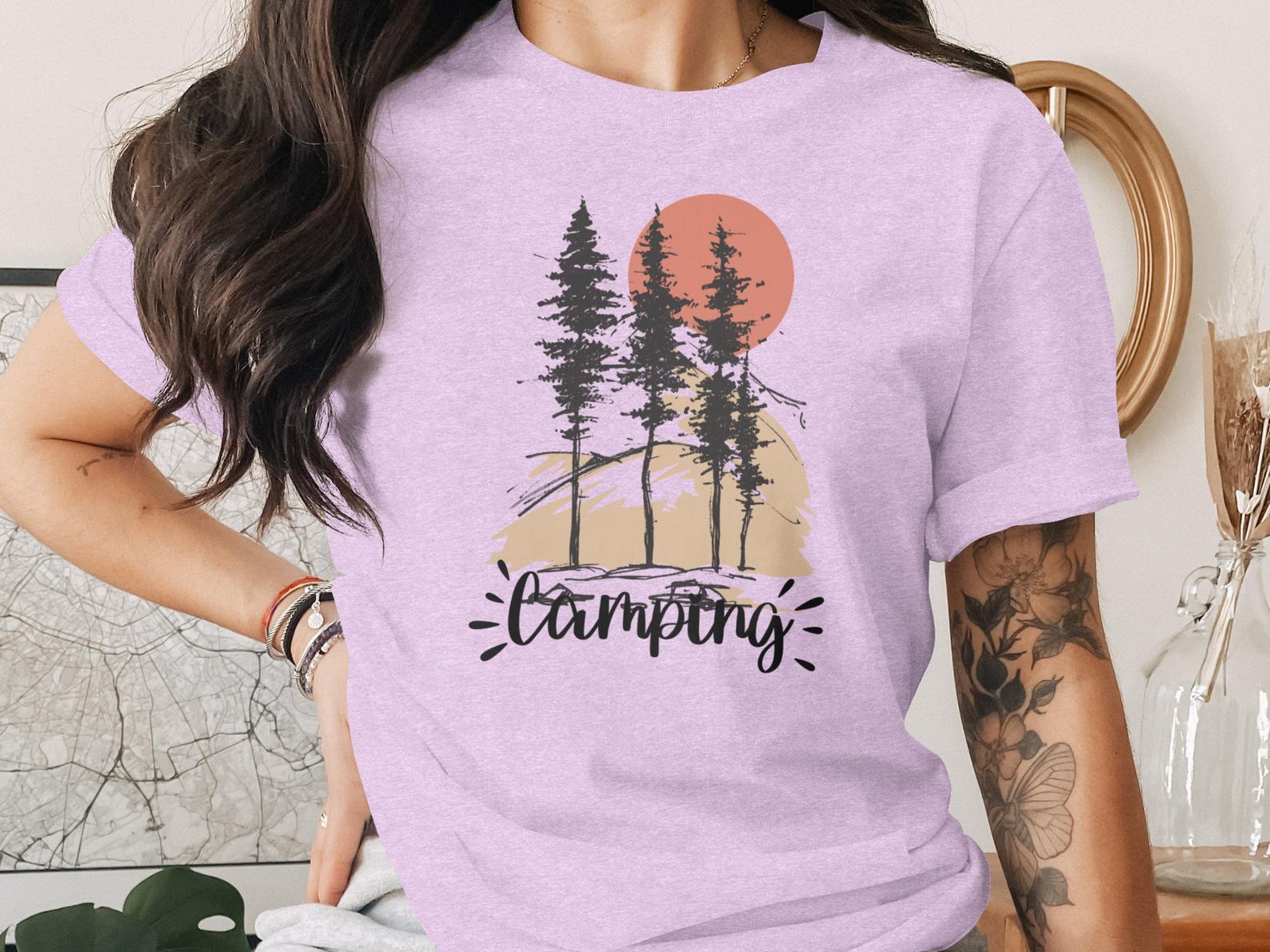 Camping T-Shirt | Pine Forest Sunset Design | Rustic Nature Lover Tee 2XL