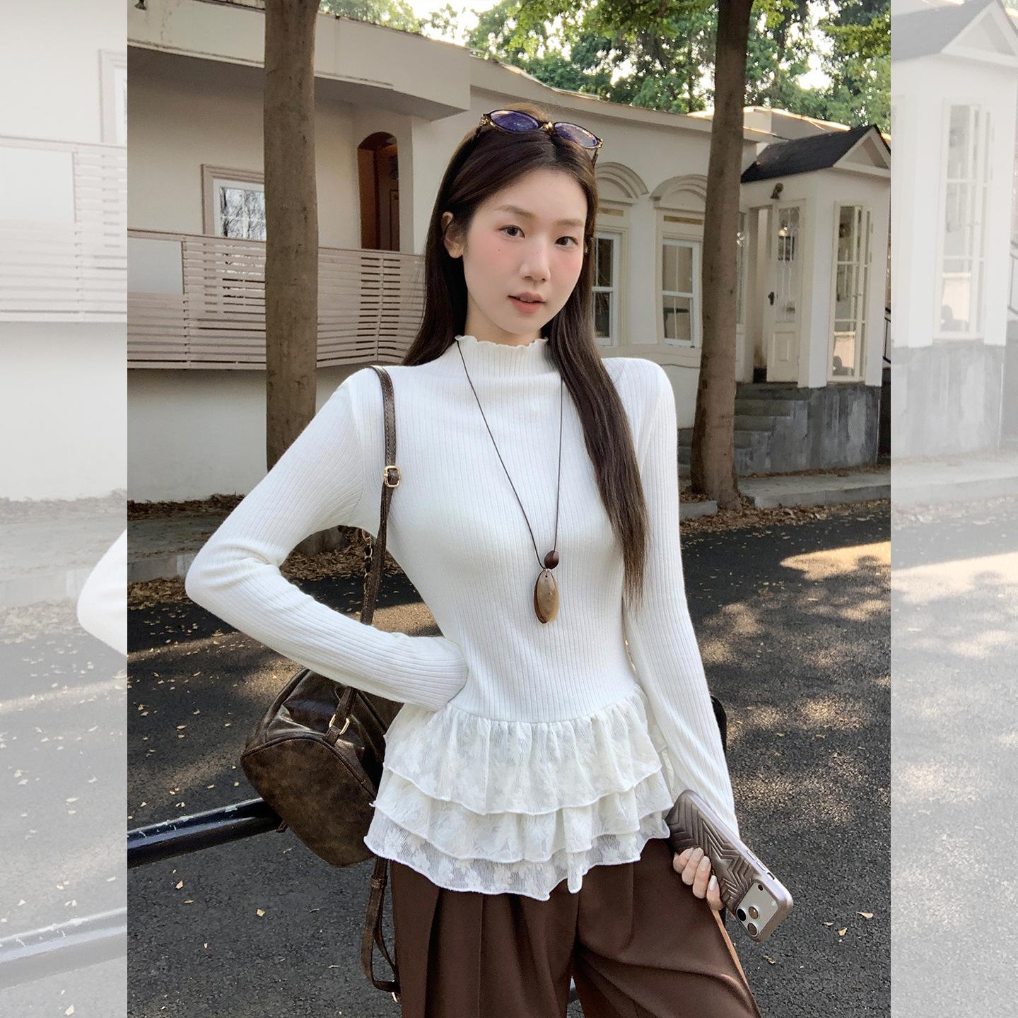 French Design Lace Trim Long-Sleeve Ballet Style Women s Slim-Fit Top - Autumn/Winter 2026 Large белый