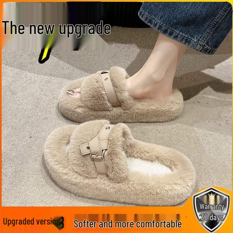 Papuci de damă de pluș în stil european, cu talpă groasă, pentru exterior/interior - Tendință fierbinte 2025, Mărimi mari pentru primăvară/toamnă/iarnă