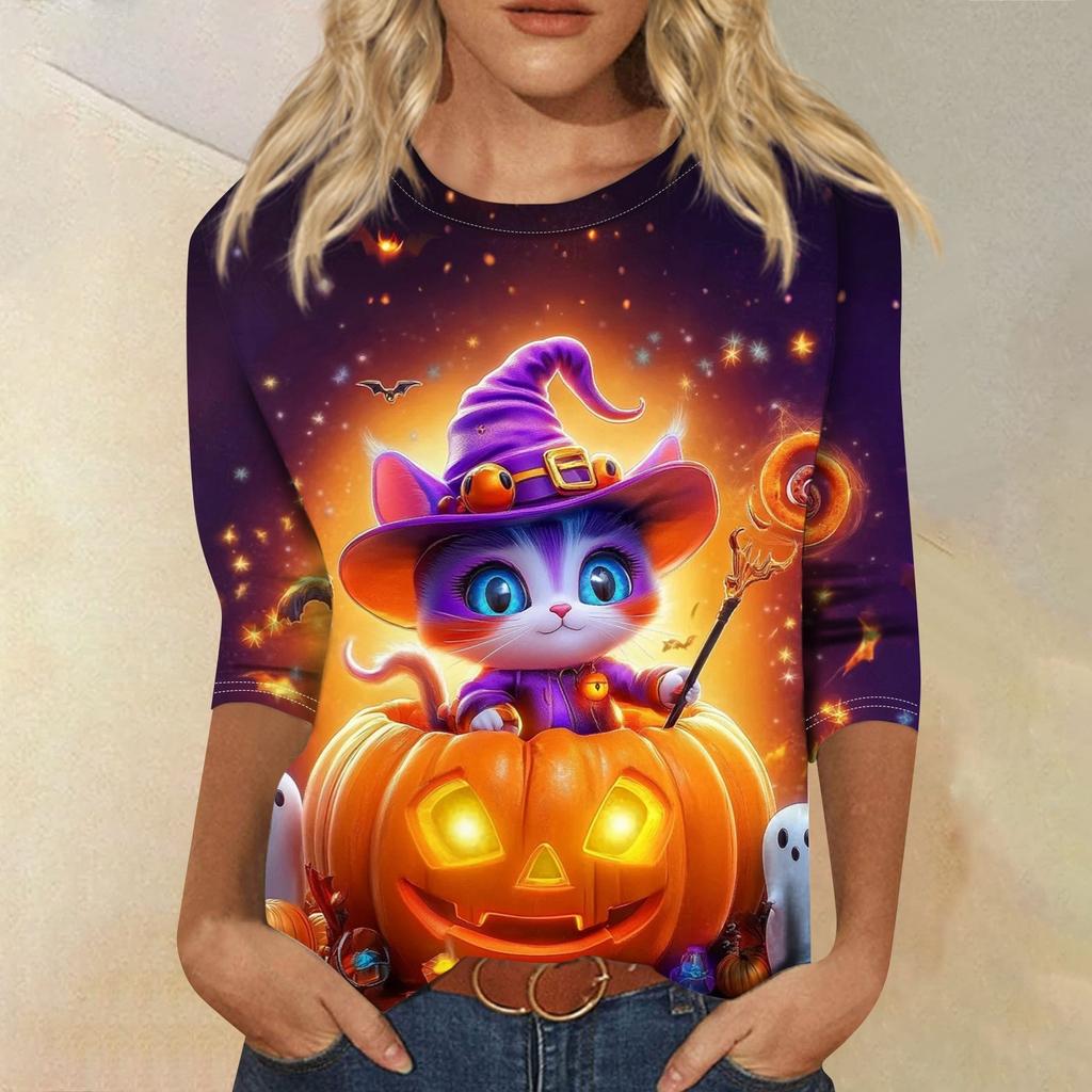 Dámské módní ležérní top s tříčtvrtečním rukávem a halloweenským potiskem, kulatý výstřih
