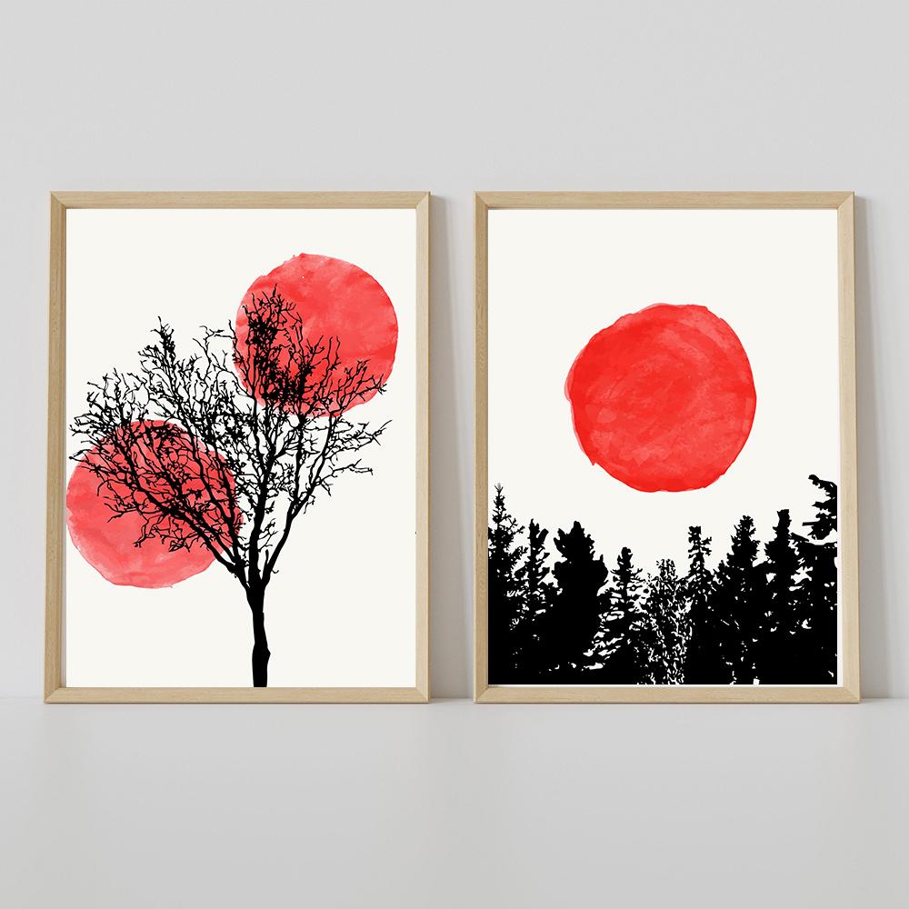 Abstract Red Sun Canvas Art Wall Painting Aesthetic Posters and Prints Nordic Tree Landscape Wall Pictures for Living Room Decor