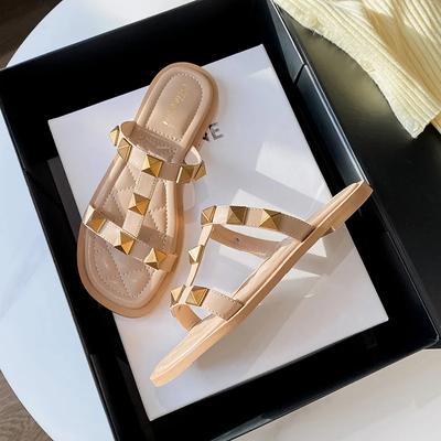 Nowe Letnie Damskie Buty Klapki z Dużymi Nitami Street Casualowe Sandały Dziewczęce Modne Płaskie Buty