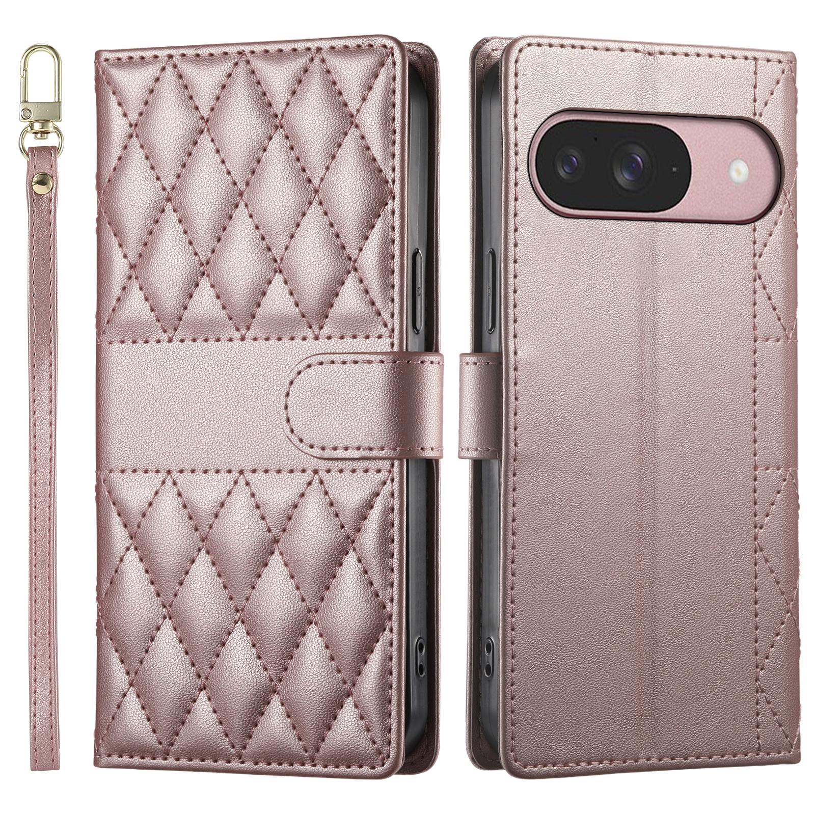 

For Google Pixel 9 Case Rhombus Stitching Wallet Stand Leather Phone Cover with Long/Short Strap Rose Gold