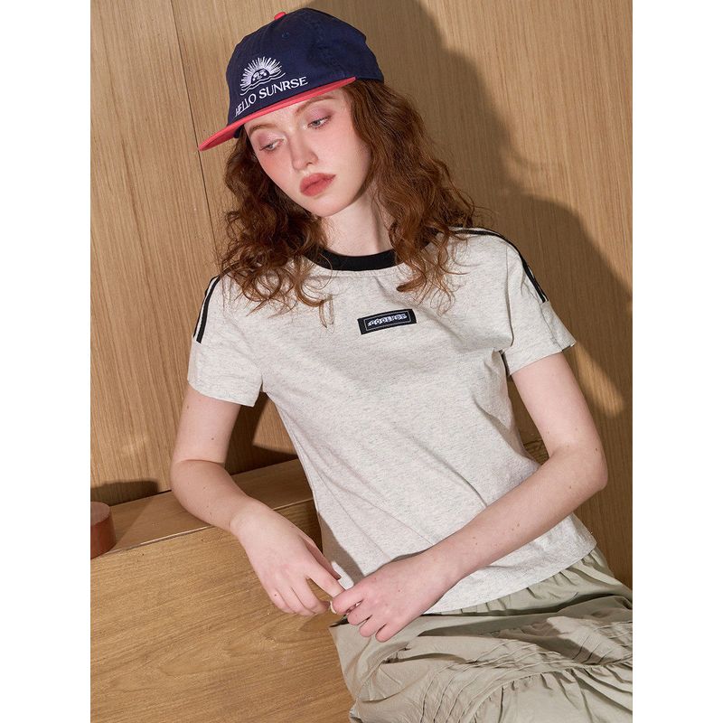 Coolhut Color-Blocked Loose Round-Neck Short-Sleeve Embroidered Casual College Pure Cotton 2025 Summer Women's T-Shirt Simple and Versatile