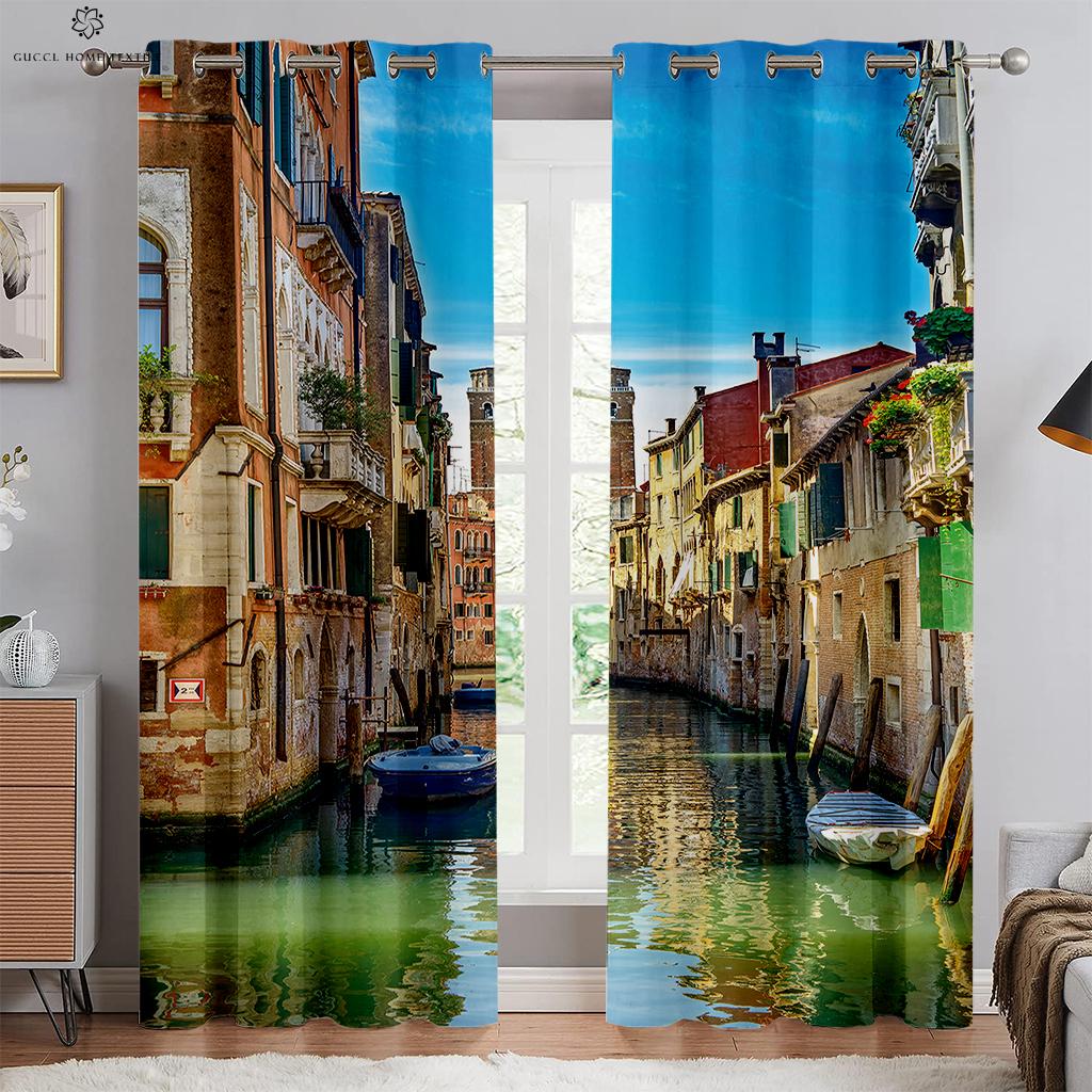 City Building Night View Seaside 3d Printed Curtains Living Room Kitchen Bedroom Decorative Curtains Easy To Wash And Care 2 Pcs