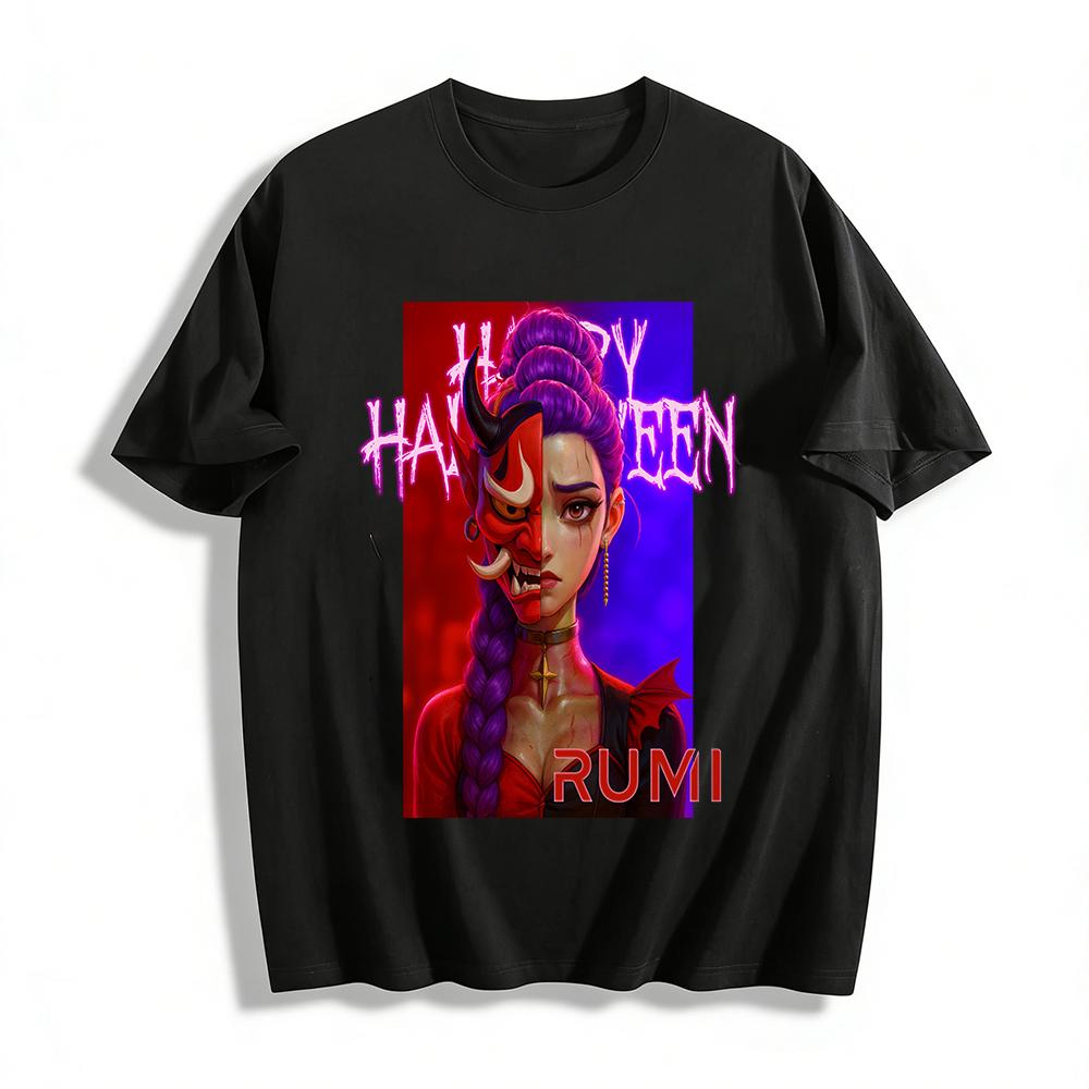 

Halloween Themed Half-face Demon RUMI Printed Top Dark Style Holiday Unisex Fashion T-shirt Pure cotton T-shirt XXS