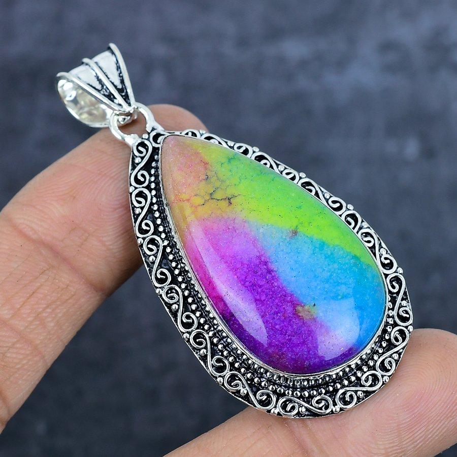 Cuarț Solar Curcubeu Natural Argint Sterling 925 Pandantiv Bijuterii 2.56" Z7z28