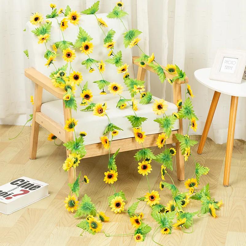 2.5M Yellow Sunflower Vine Hanging Artificial Flowers Garland Leaves Fake Silk Flowers For Party Wedding Home Decoration