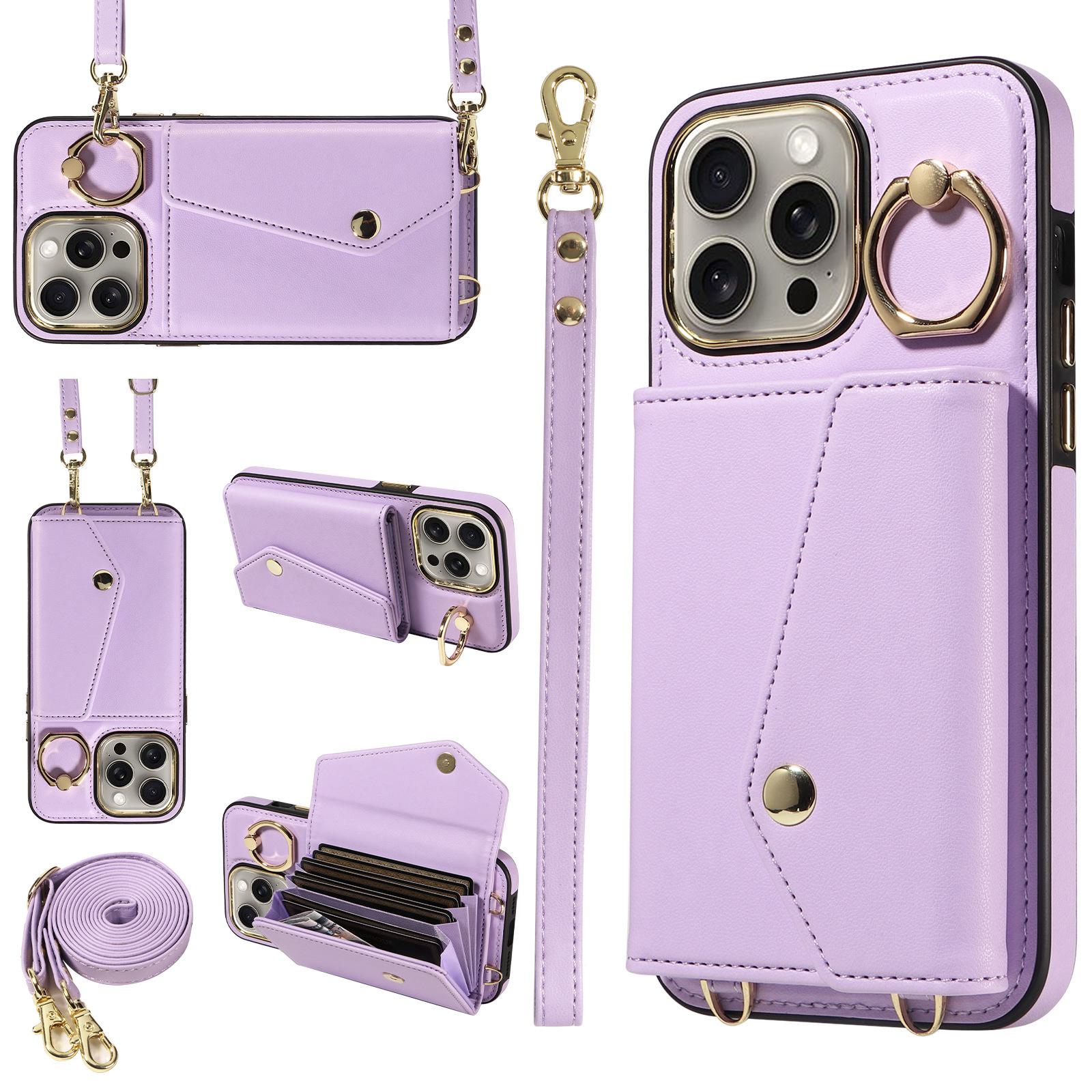 

Кожаный чехол для iPhone 15 Pro с отделениями для карт и диагональным дизайном. Защищает ваш мобильный телефон Apple 14. iPhone 16 Pro Max (with two straps) светло-фиолетовый